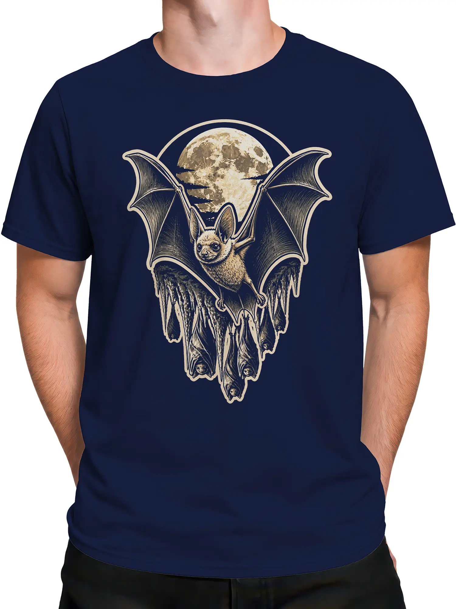 Male torso wearing a navy T-shirt with a vintage bat and full moon graphic