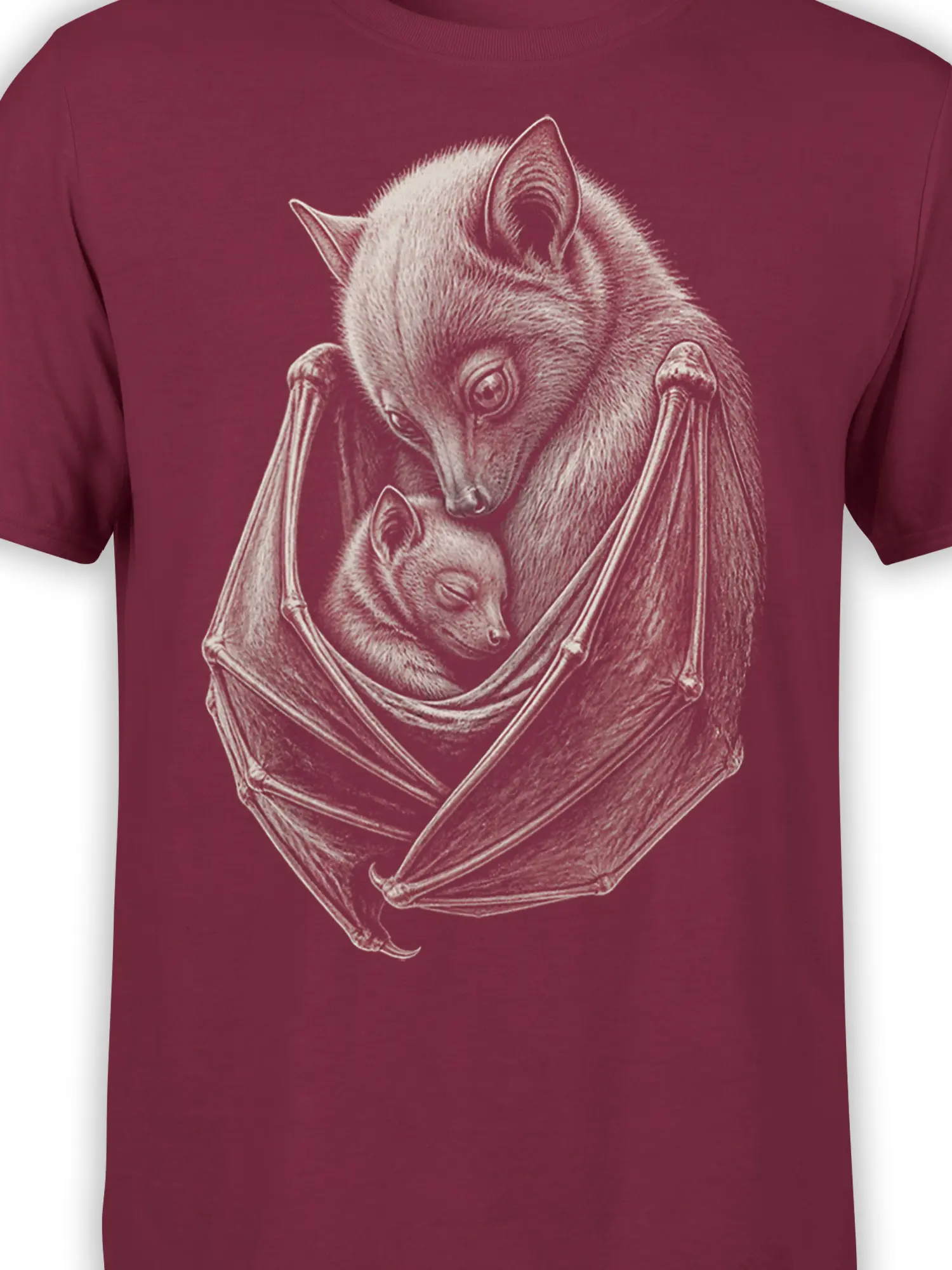 Close-up of the detailed ivory bat family artwork printed on a maroon T-shirt