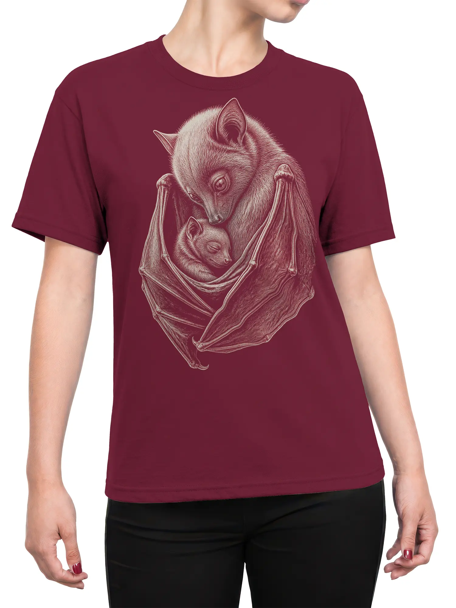 Female torso wearing a maroon T-shirt with an ivory vintage bat family illustration