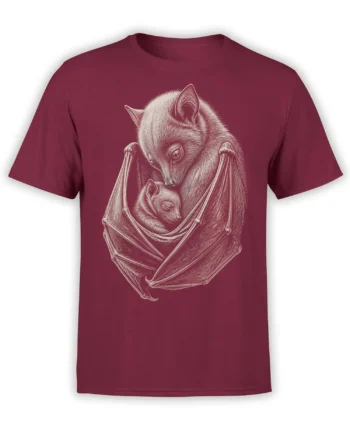 Ivory vintage bat family illustration on a maroon T-shirt with detailed wings and fur