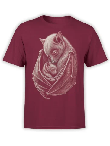 Ivory vintage bat family illustration on a maroon T-shirt with detailed wings and fur