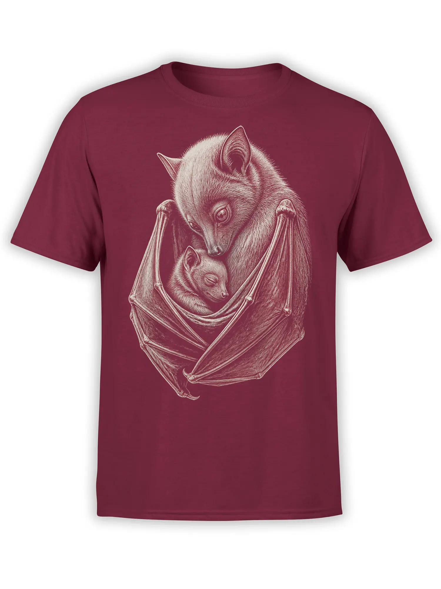 Ivory vintage bat family illustration on a maroon T-shirt with detailed wings and fur