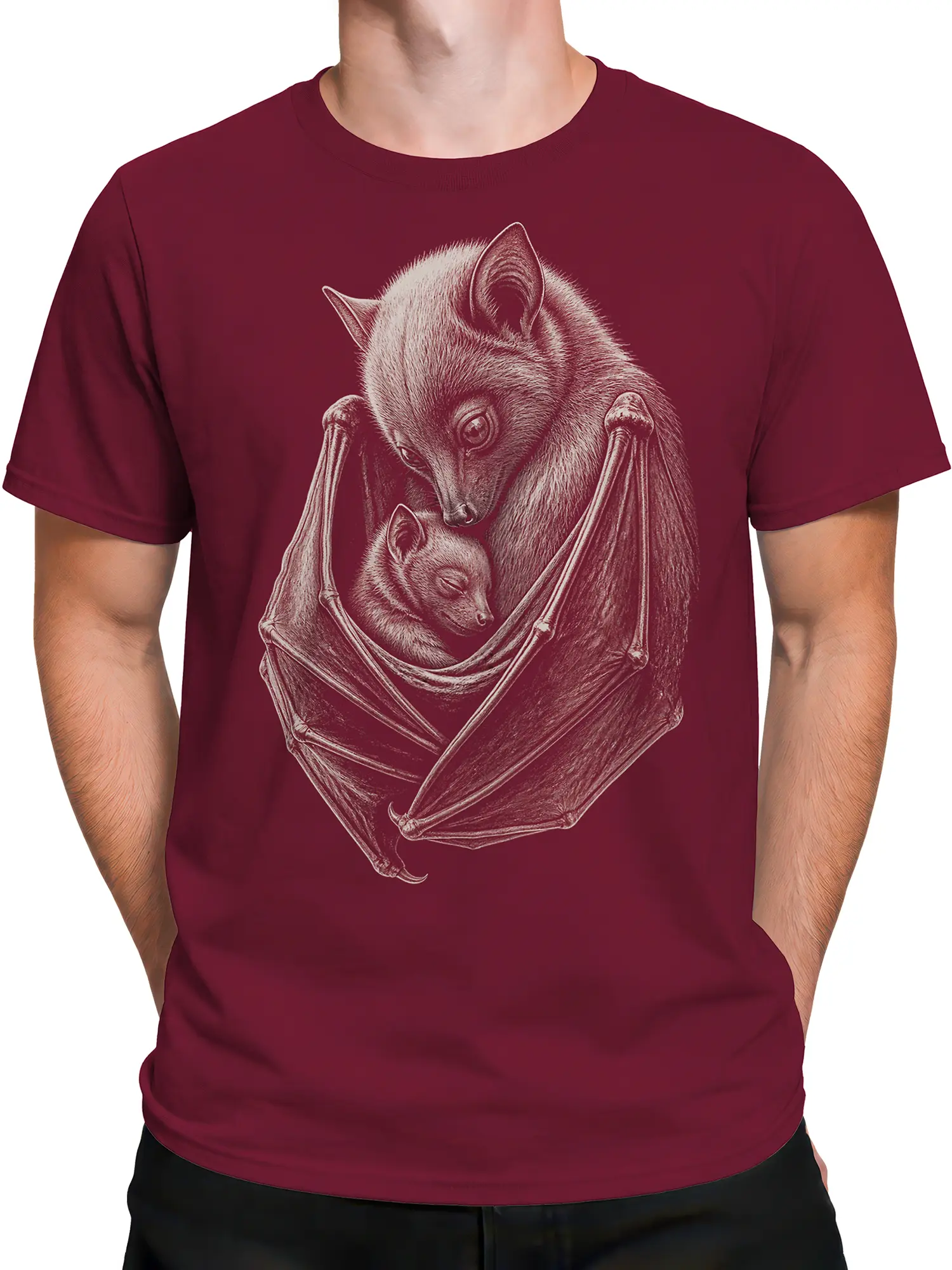 Male torso wearing a maroon T-shirt with a vintage ivory bat family design