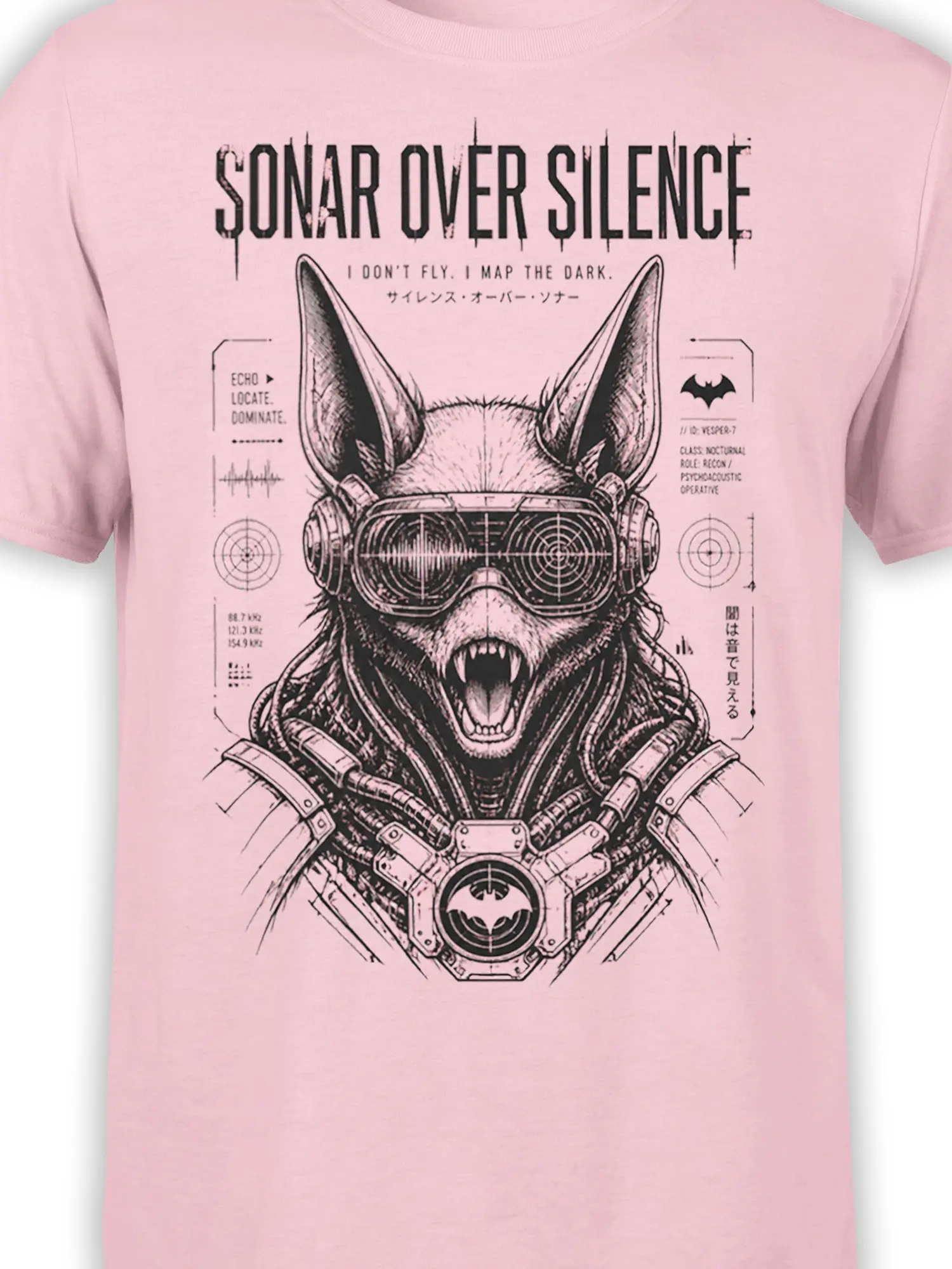 Close-up of pink bat T-shirt artwork with goggles, fangs, sound waves, and detailed black linework