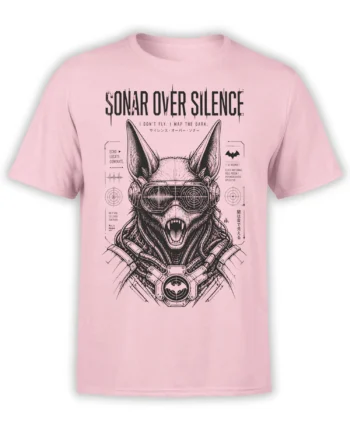 Pink bat graphic T-shirt with tactical goggles, sonar details, fangs, and SONAR OVER SILENCE text