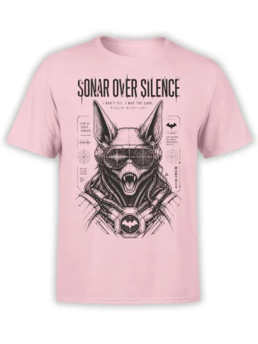 Pink bat graphic T-shirt with tactical goggles, sonar details, fangs, and SONAR OVER SILENCE text