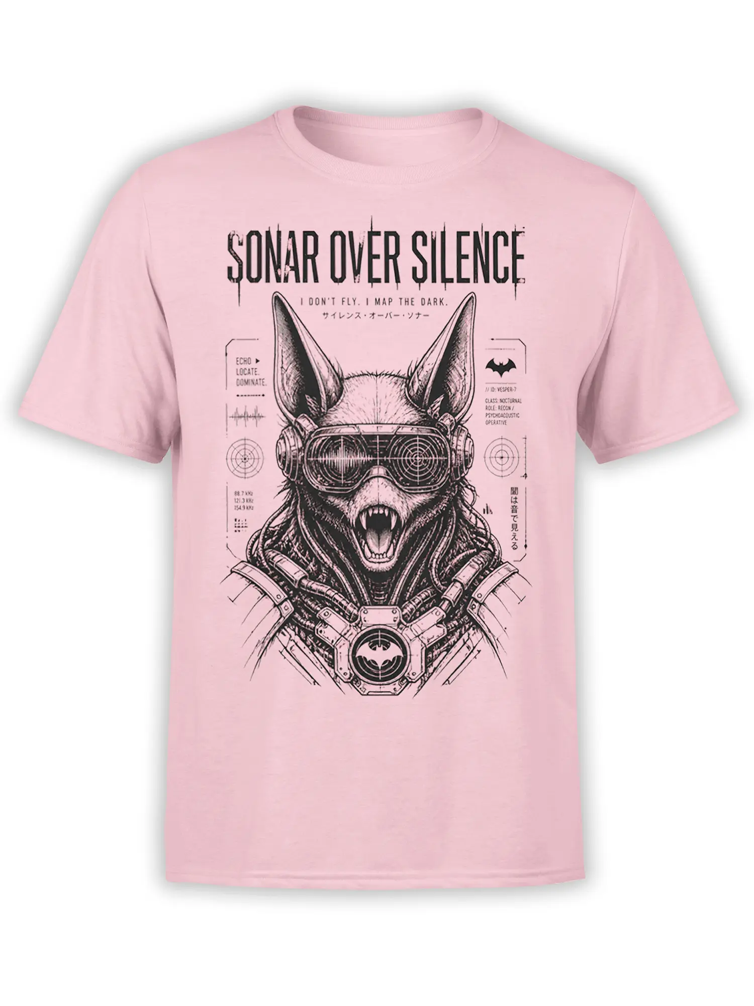 Pink bat graphic T-shirt with tactical goggles, sonar details, fangs, and SONAR OVER SILENCE text