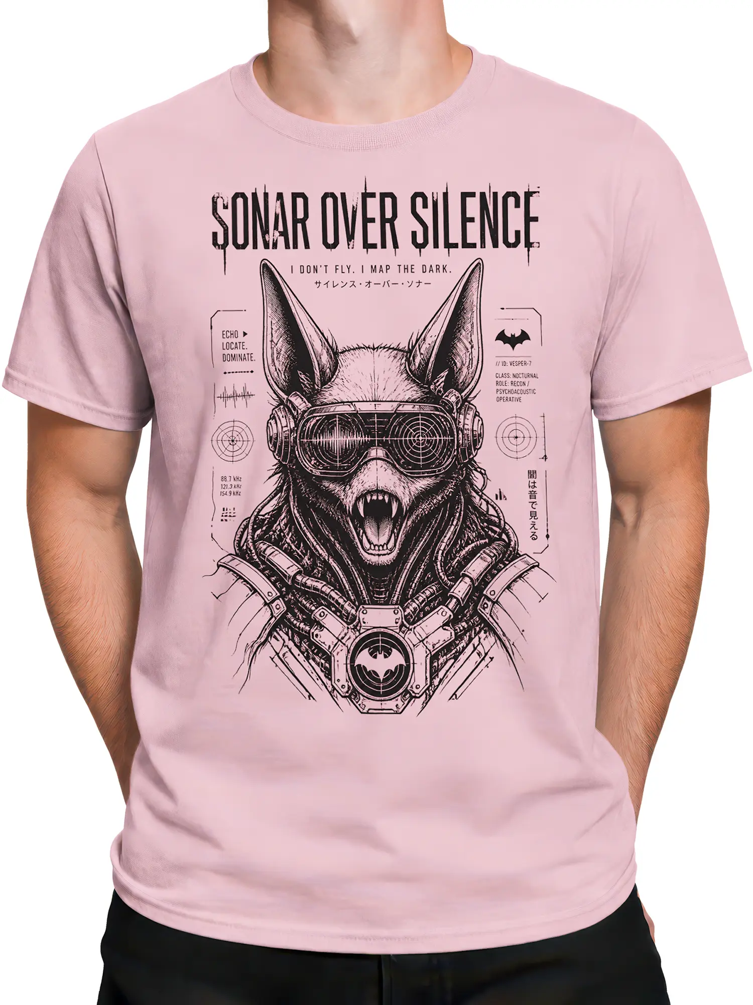 Male torso wearing a pink sonar bat T-shirt with tactical goggles, fangs, and dark graphic details