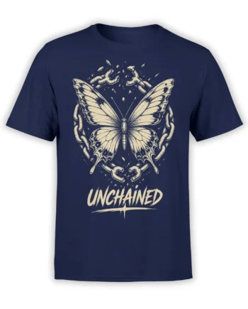 Vintage cream butterfly with broken chains and UNCHAINED lettering on a navy graphic T-shirt