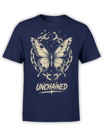 Vintage cream butterfly with broken chains and UNCHAINED lettering on a navy graphic T-shirt