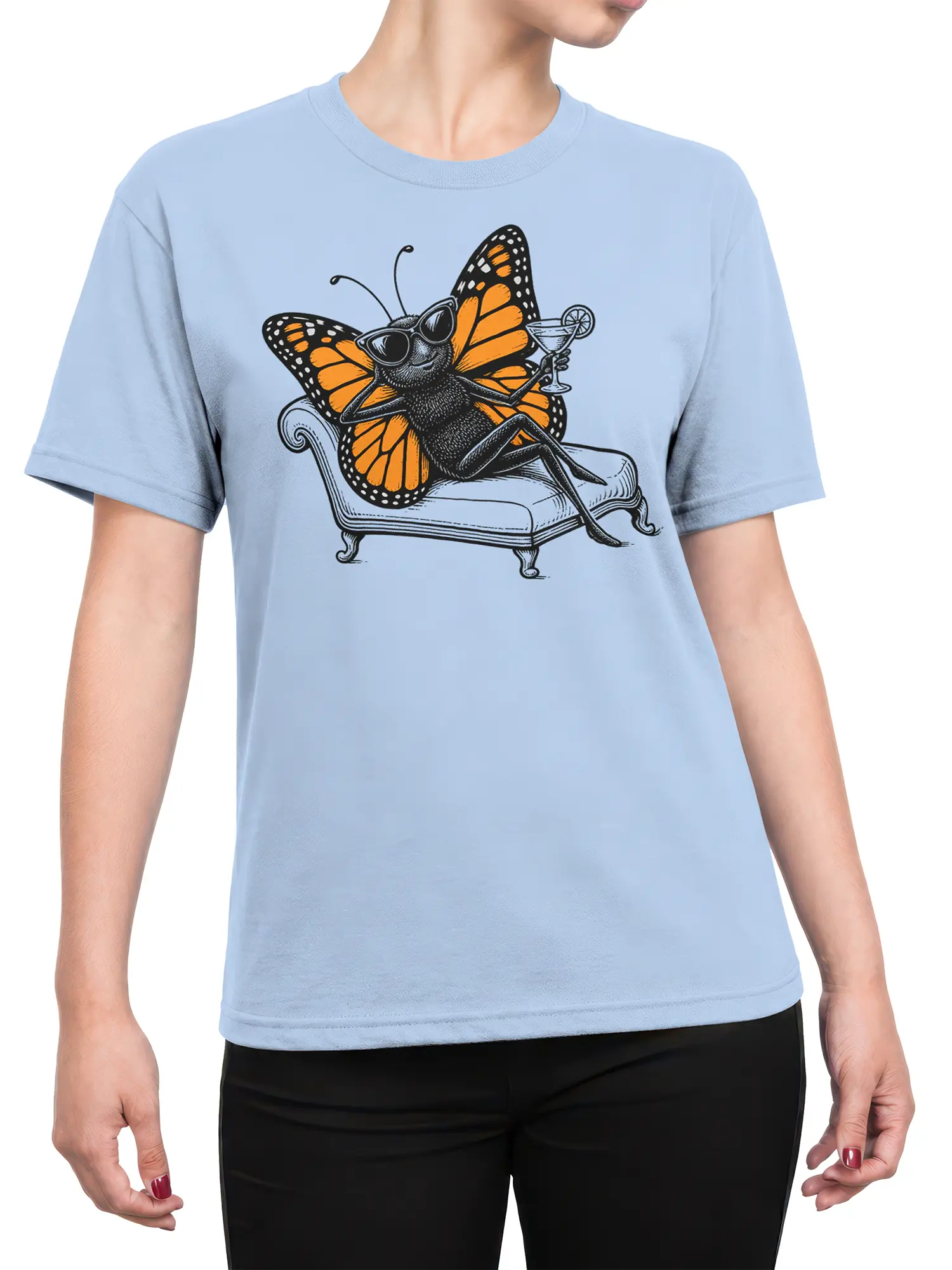 Female torso wearing a light blue butterfly T-shirt with sunglasses and cocktail artwork
