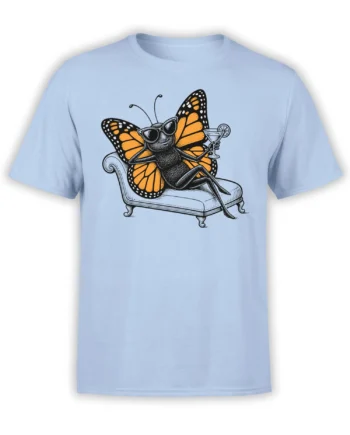 Light blue T-shirt with a black-and-orange butterfly in sunglasses lounging with a cocktail