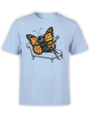 Light blue T-shirt with a black-and-orange butterfly in sunglasses lounging with a cocktail