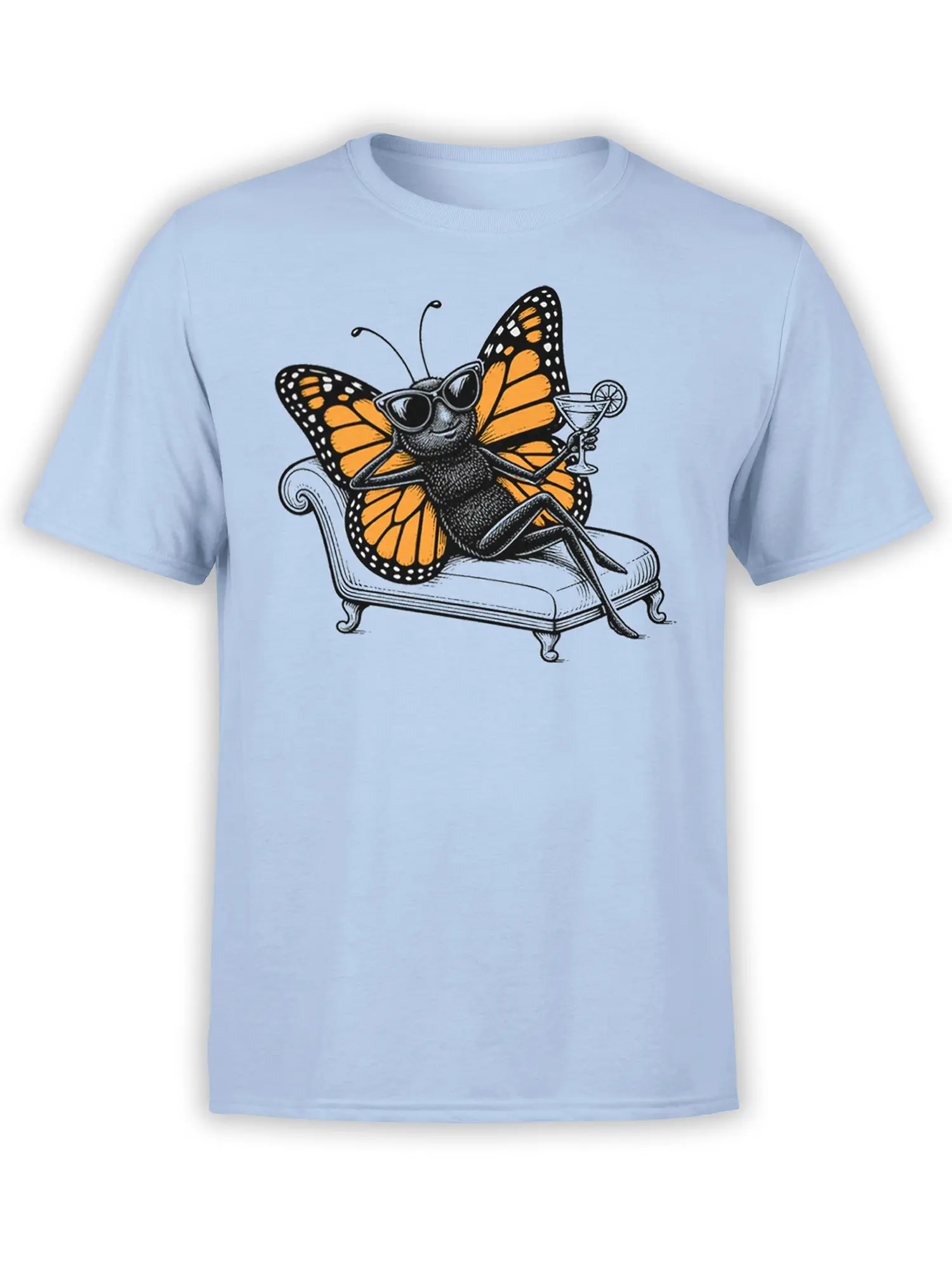 Light blue T-shirt with a black-and-orange butterfly in sunglasses lounging with a cocktail