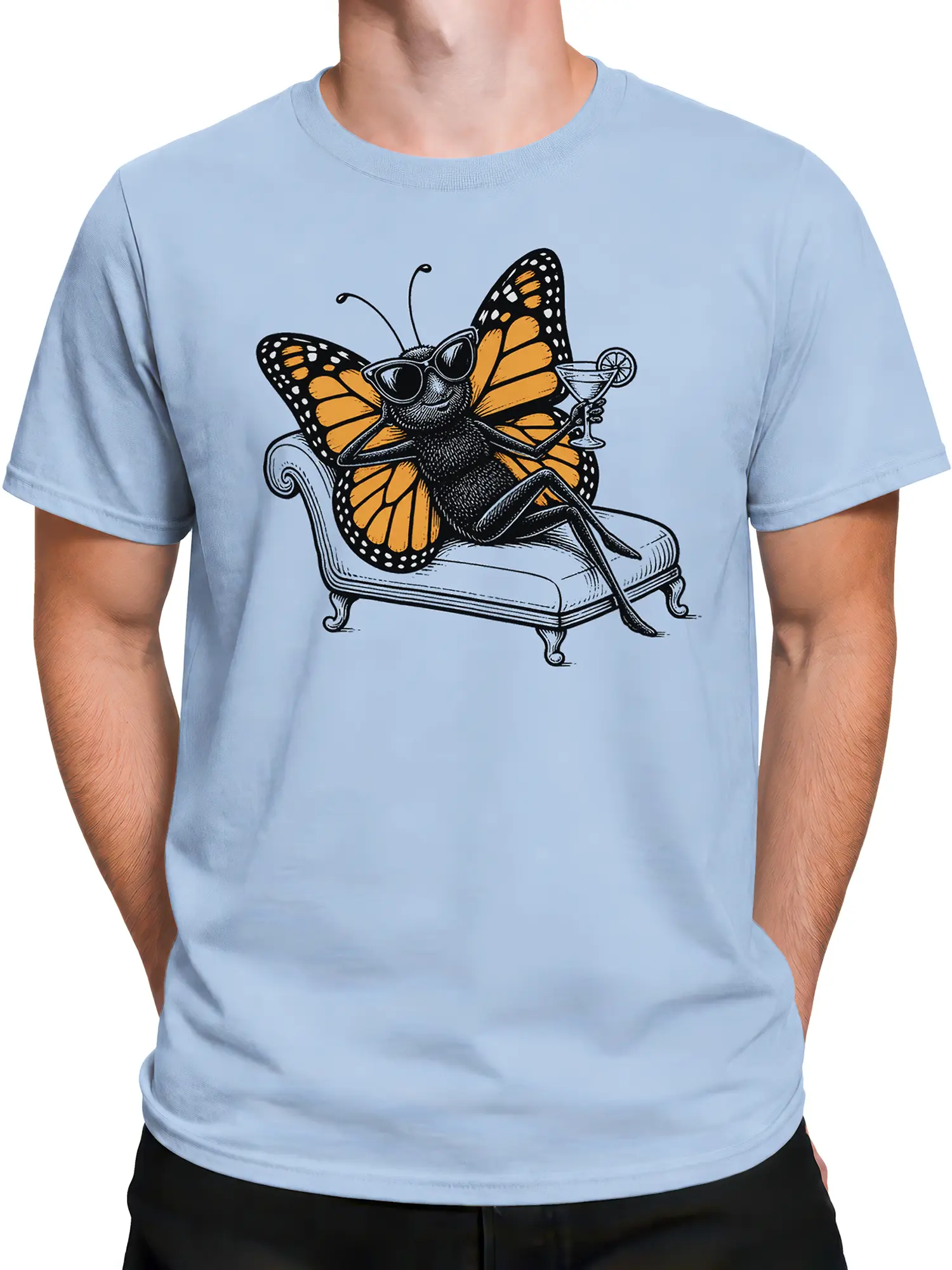 Male torso wearing a light blue T-shirt with lounging butterfly and cocktail design