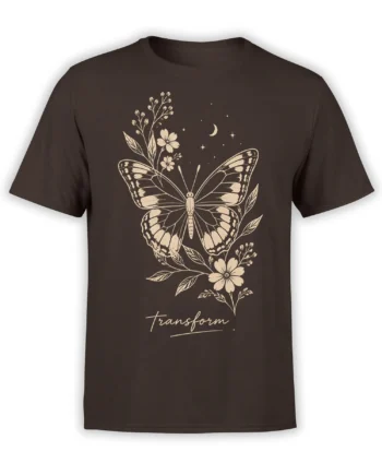 Brown T-shirt with a cream butterfly, flowers, crescent moon, stars, and transform lettering