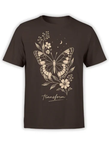 Brown T-shirt with a cream butterfly, flowers, crescent moon, stars, and transform lettering