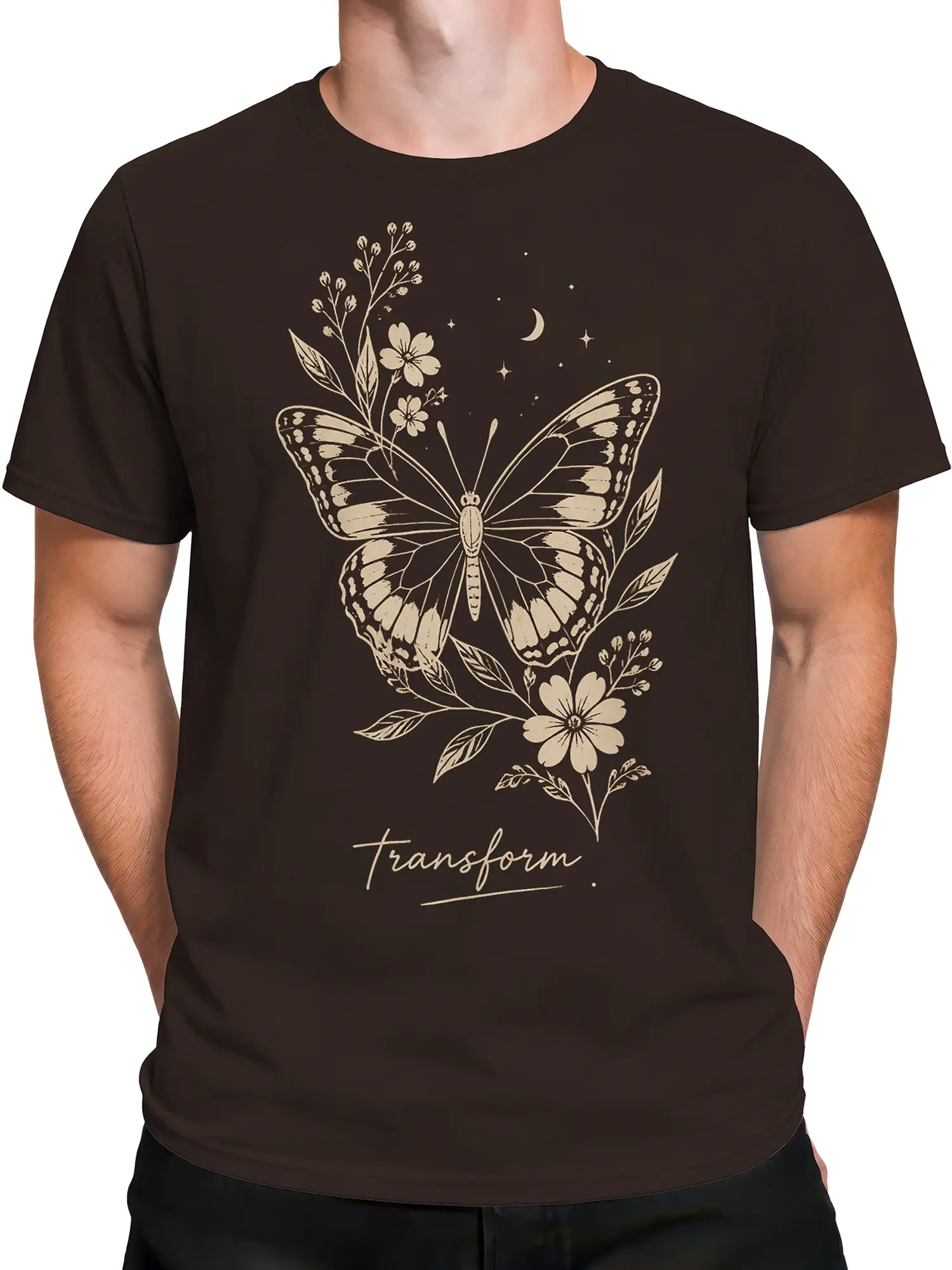 Male torso wearing a brown butterfly T-shirt with floral and crescent moon artwork