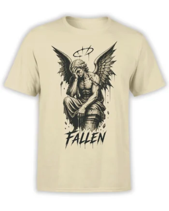Beige T-shirt featuring a seated fallen angel with ragged wings, halo, and bold FALLEN lettering