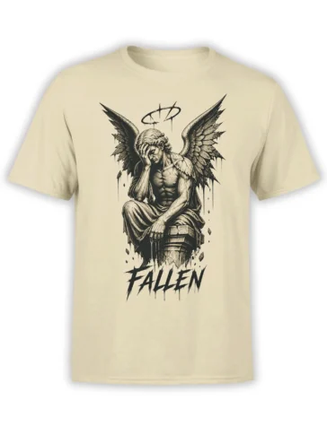 Beige T-shirt featuring a seated fallen angel with ragged wings, halo, and bold FALLEN lettering