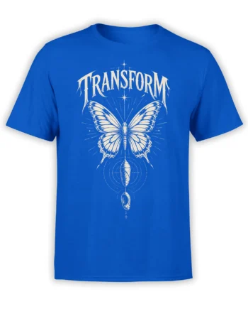 Blue butterfly transformation T-shirt with ivory “TRANSFORM” text, stars, wings, and chrysalis artwork