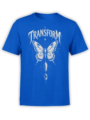 Blue butterfly transformation T-shirt with ivory “TRANSFORM” text, stars, wings, and chrysalis artwork