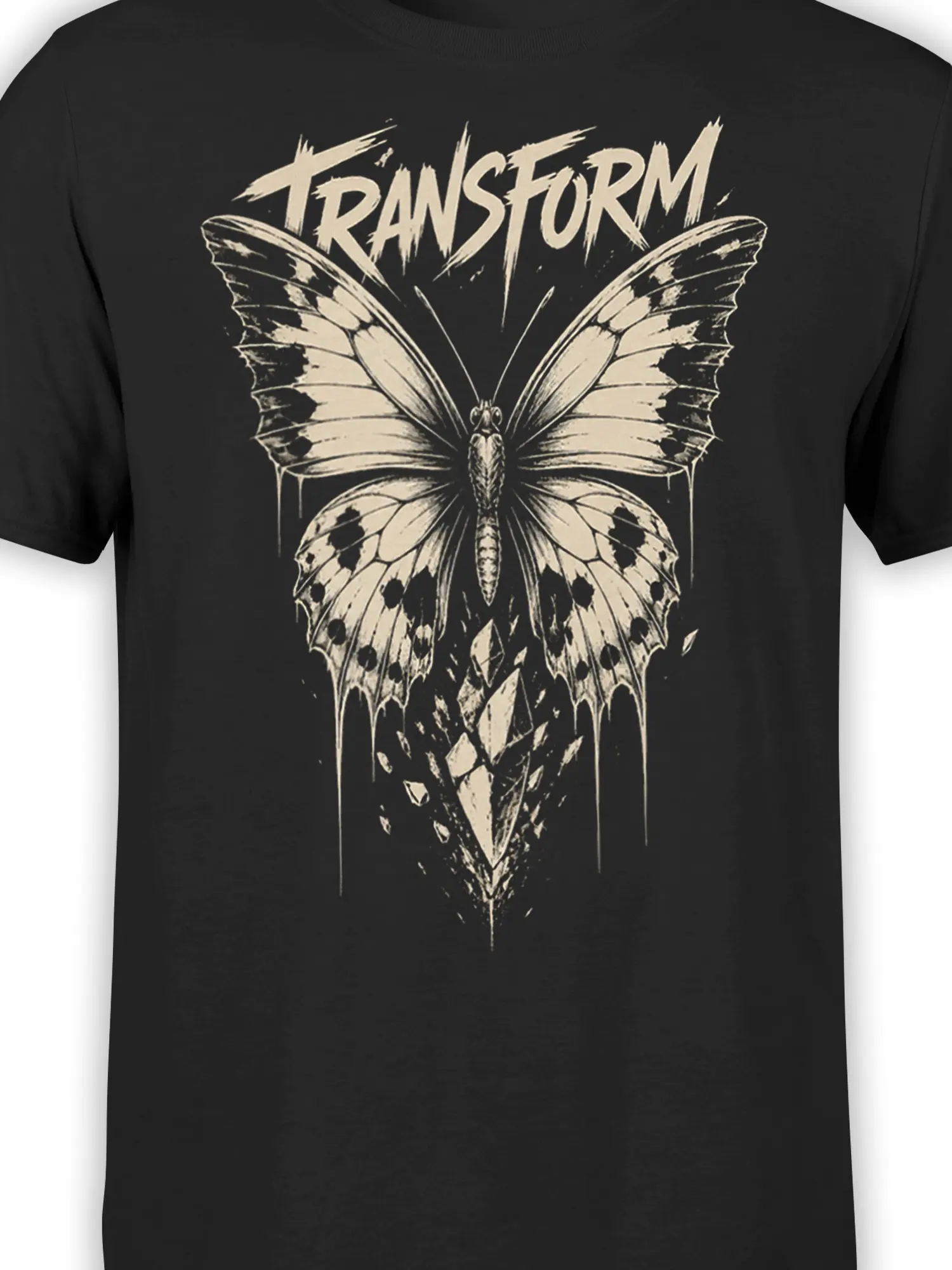 Close-up of the distressed cream butterfly artwork and TRANSFORM lettering on a black graphic tee