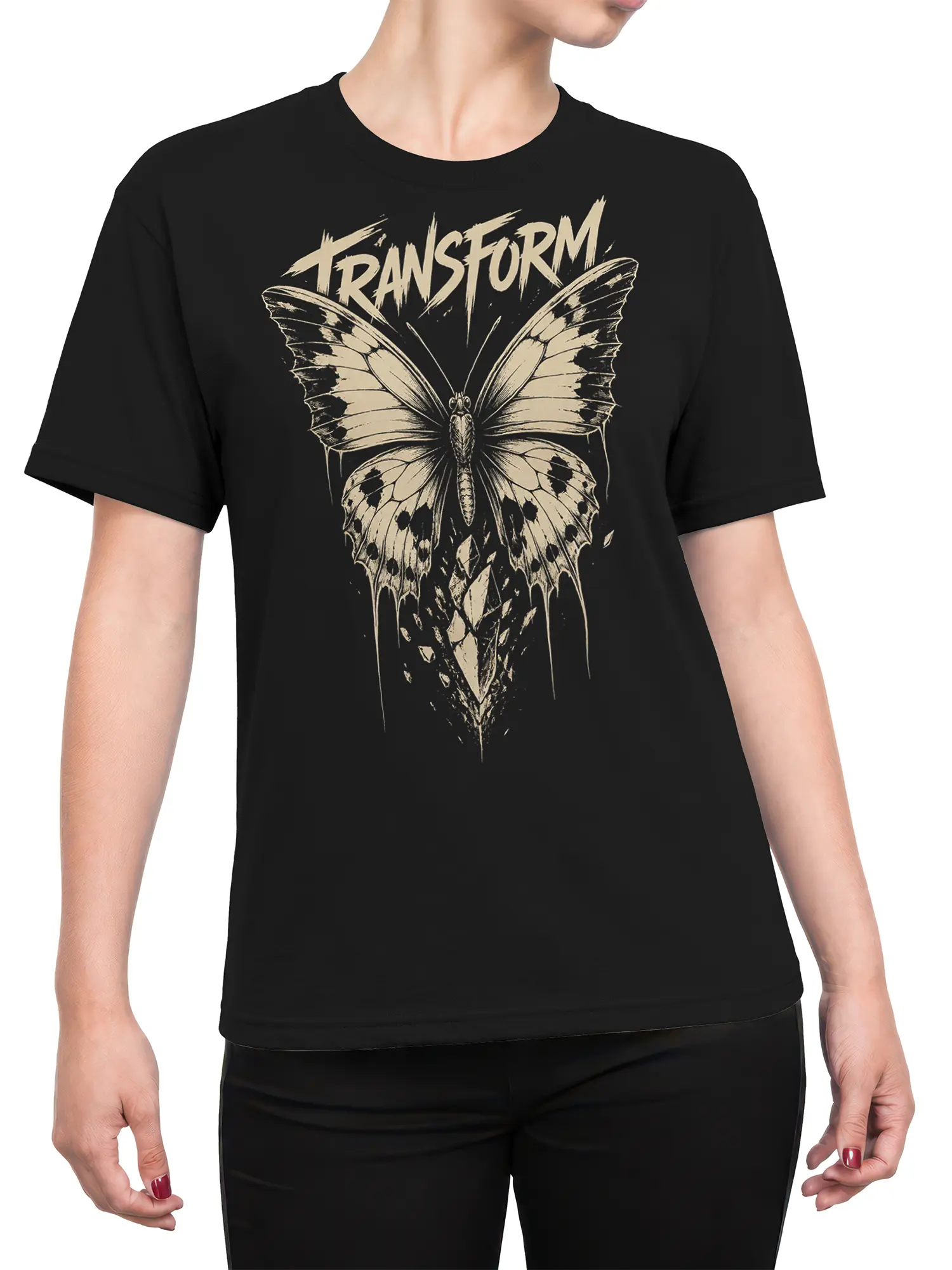 Female torso wearing a black butterfly T-shirt with distressed cream artwork and TRANSFORM lettering