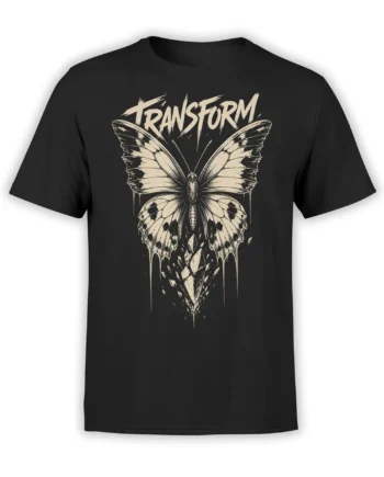 Black butterfly T-shirt with distressed cream wings and bold TRANSFORM lettering across the upper design