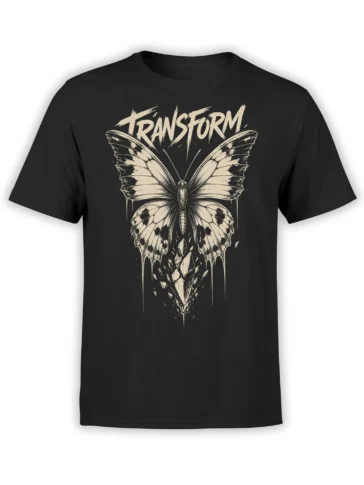 Black butterfly T-shirt with distressed cream wings and bold TRANSFORM lettering across the upper design