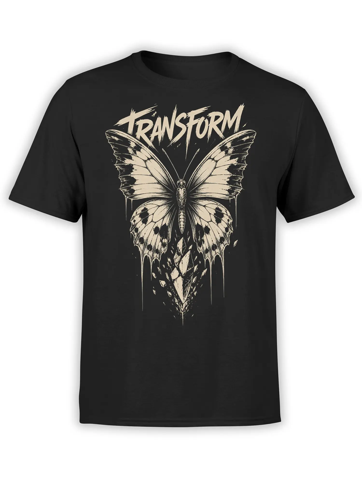 Black butterfly T-shirt with distressed cream wings and bold TRANSFORM lettering across the upper design