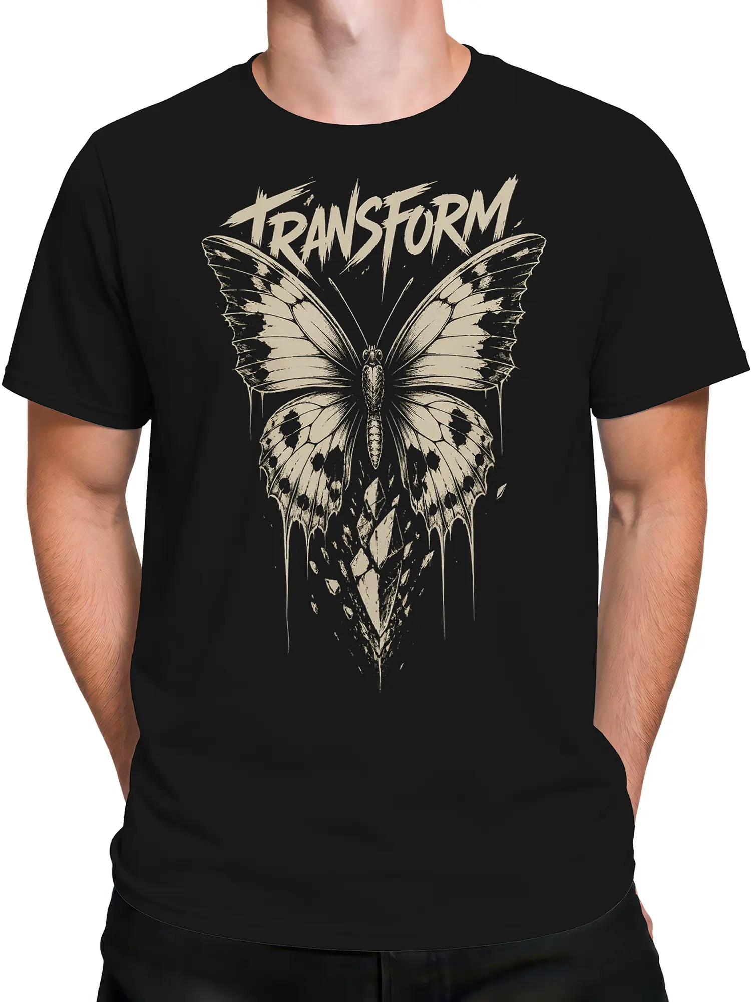 Male torso wearing a black butterfly T-shirt with distressed cream wings and TRANSFORM lettering