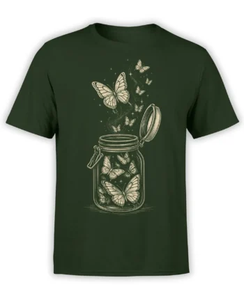 Green butterfly jar T-shirt with cream vintage artwork, open glass jar, flying butterflies, and tiny stars