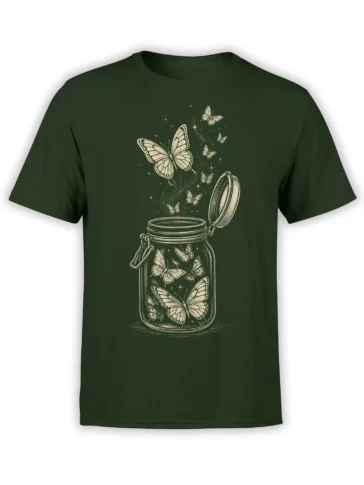 Green butterfly jar T-shirt with cream vintage artwork, open glass jar, flying butterflies, and tiny stars
