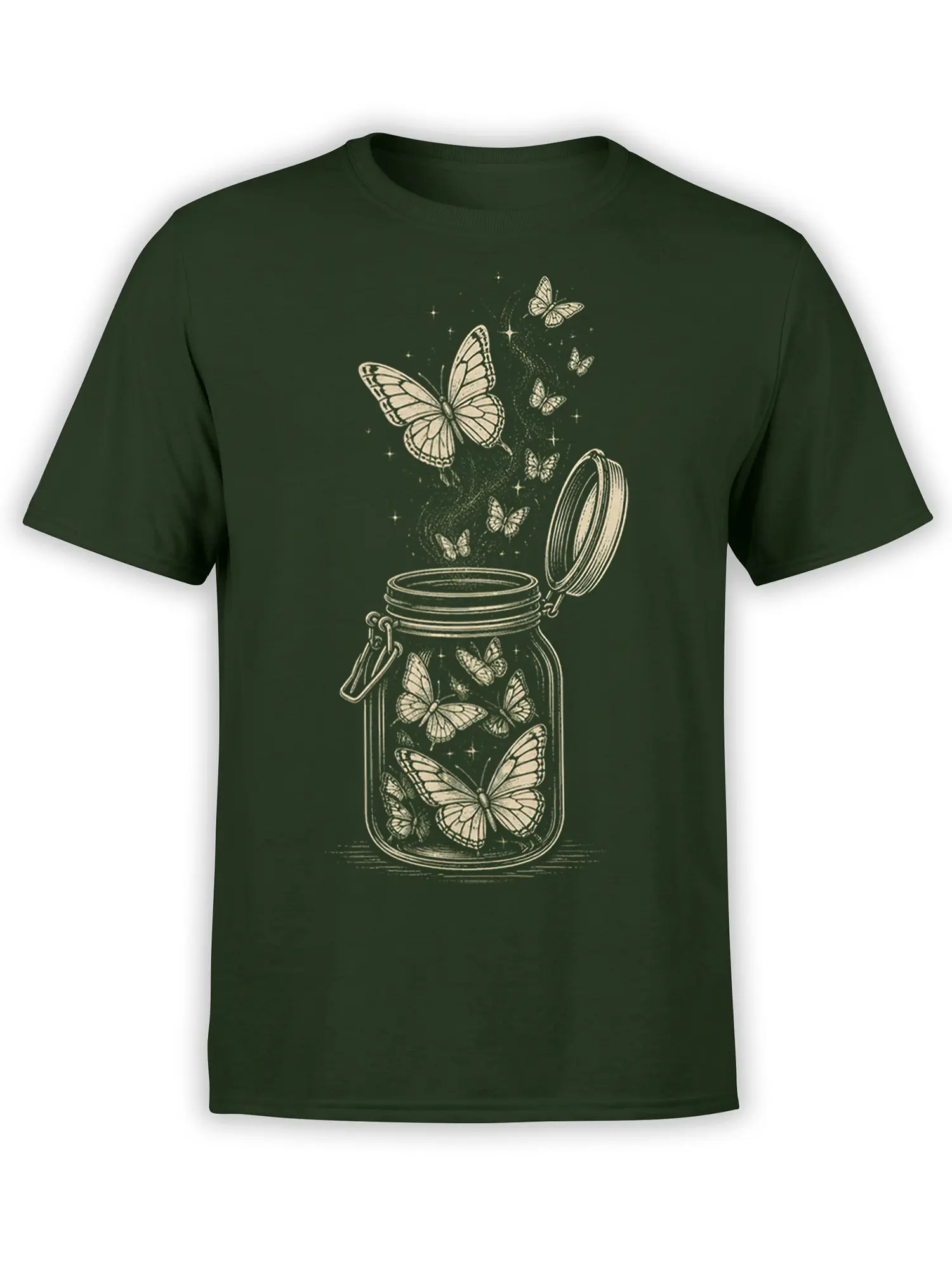 Green butterfly jar T-shirt with cream vintage artwork, open glass jar, flying butterflies, and tiny stars