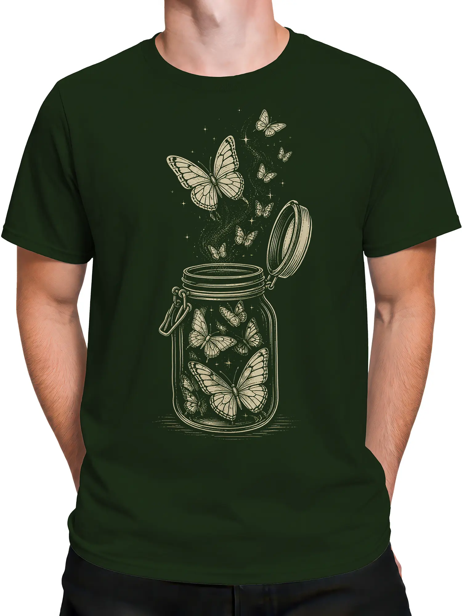 Male torso wearing a green butterfly jar T-shirt with cream vintage illustration and detailed flying butterflies