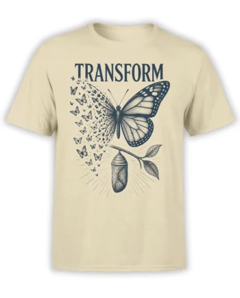 Beige butterfly transformation T-shirt with deep blue TRANSFORM text, chrysalis, leafy branch, and flying butterflies