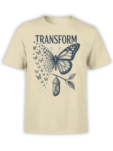 Beige butterfly transformation T-shirt with deep blue TRANSFORM text, chrysalis, leafy branch, and flying butterflies
