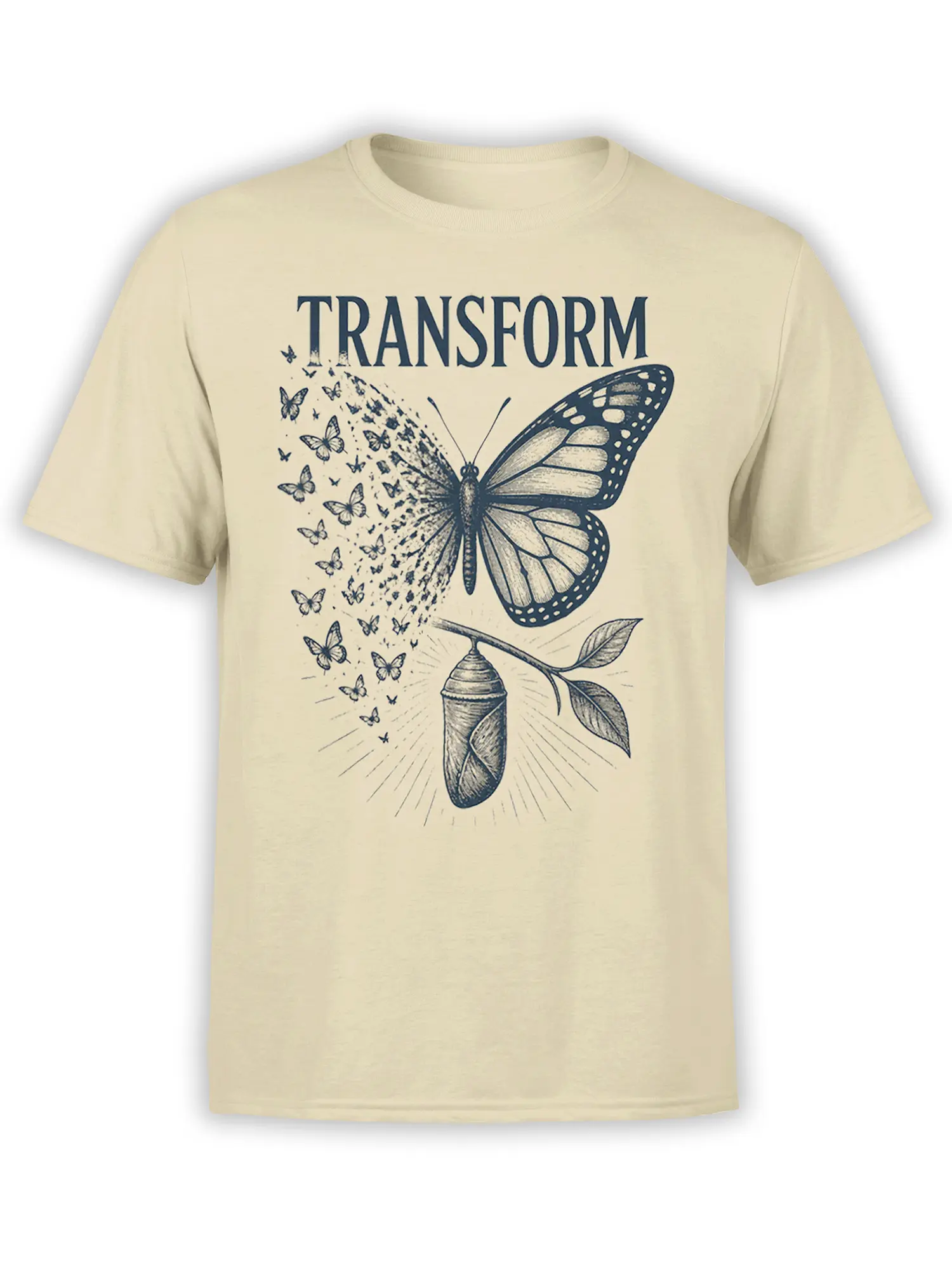 Beige butterfly transformation T-shirt with deep blue TRANSFORM text, chrysalis, leafy branch, and flying butterflies
