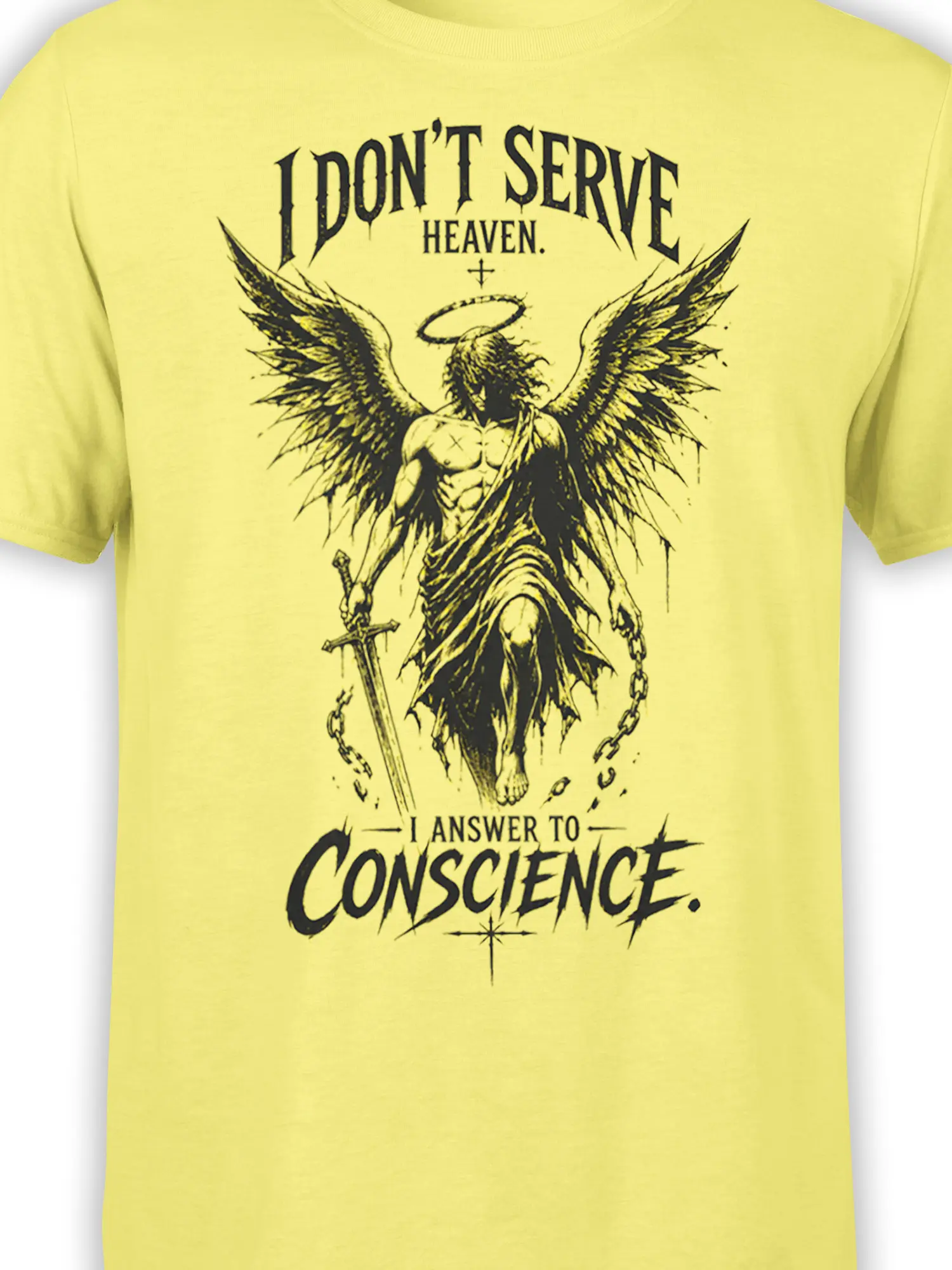 Close-up of winged angel graphic with halo, sword, broken chains, and conscience text on yellow fabric