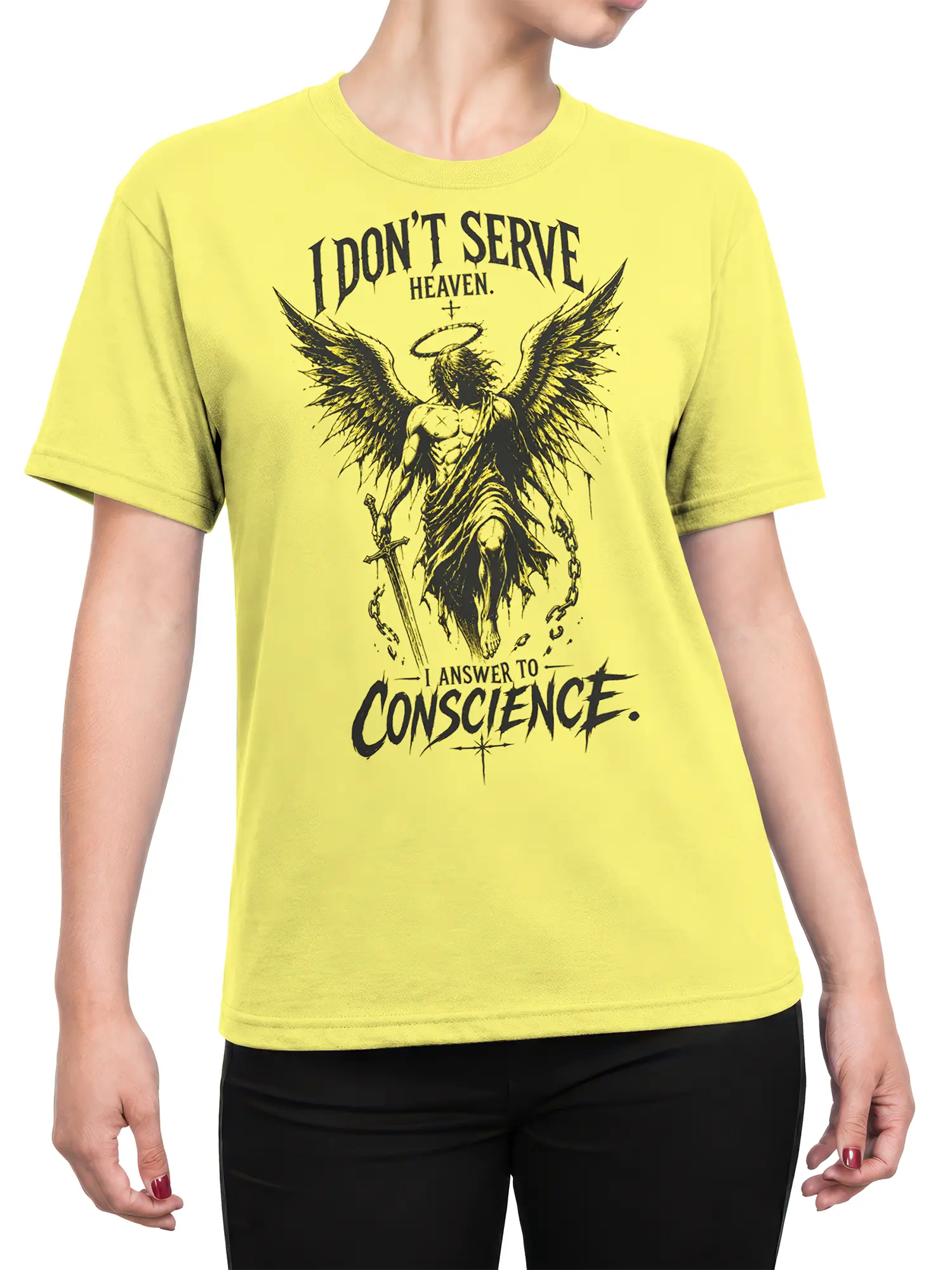 Female torso wearing yellow angel T-shirt with wings, sword, broken chains, and rebellious conscience design