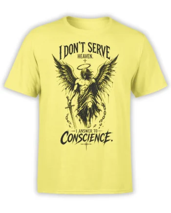 Yellow T-shirt with winged angel, halo, sword, broken chains, and “I Answer to Conscience” design