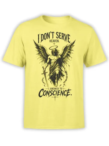 Yellow T-shirt with winged angel, halo, sword, broken chains, and “I Answer to Conscience” design
