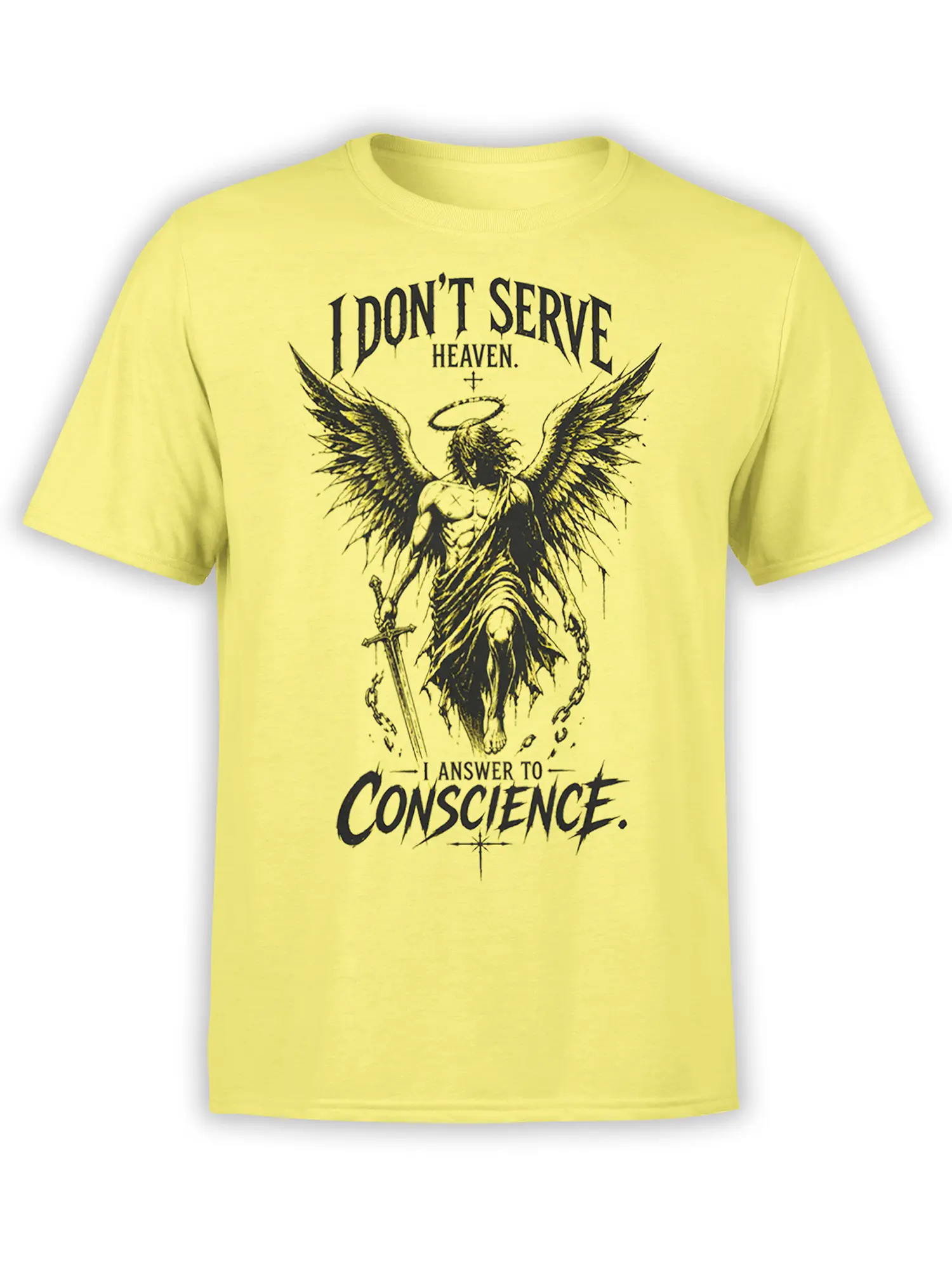 Yellow T-shirt with winged angel, halo, sword, broken chains, and “I Answer to Conscience” design