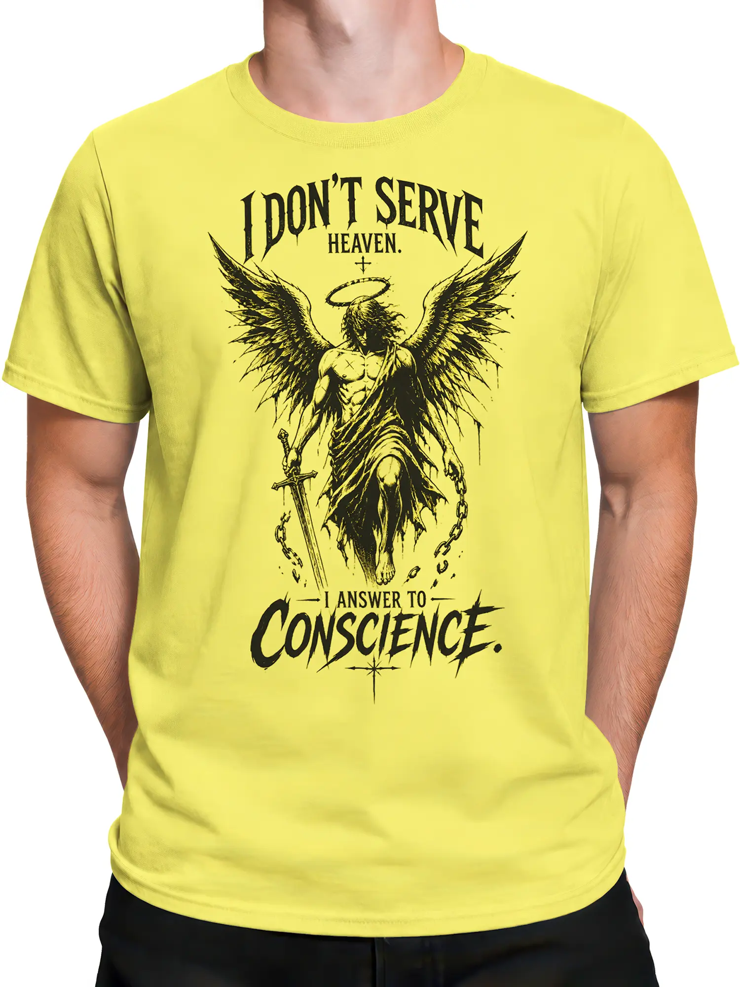 Male torso wearing yellow T-shirt with dark winged angel, sword, halo, and conscience message