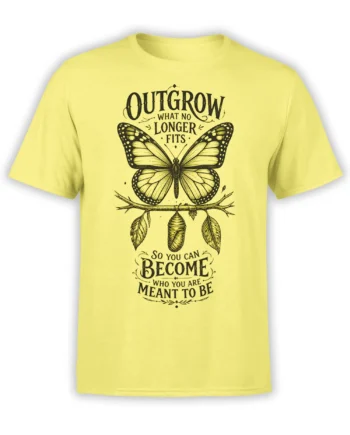 Yellow butterfly T-shirt with black vintage artwork, chrysalis, branch, and a message about personal transformation
