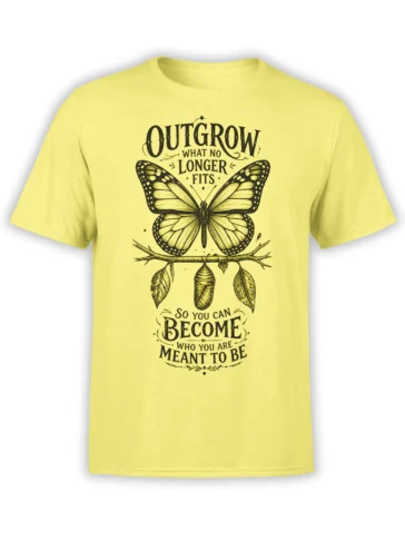 Yellow butterfly T-shirt with black vintage artwork, chrysalis, branch, and a message about personal transformation