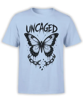 Light blue butterfly T-shirt with distressed black UNCAGED lettering and a broken chain graphic