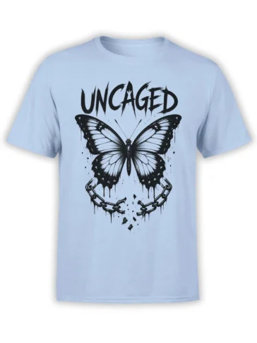 Light blue butterfly T-shirt with distressed black UNCAGED lettering and a broken chain graphic