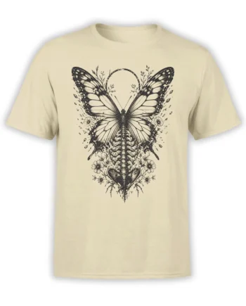 Beige butterfly t-shirt with skeletal anatomy, flowers, leaves, and a heart in dark vintage-style ink